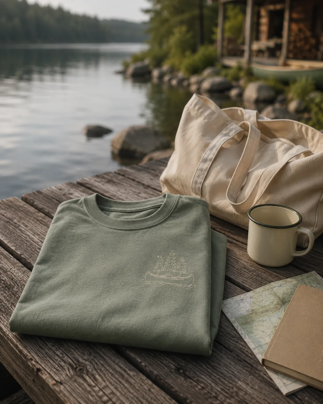 Sage green tee on a canoe bench near a quiet lake
